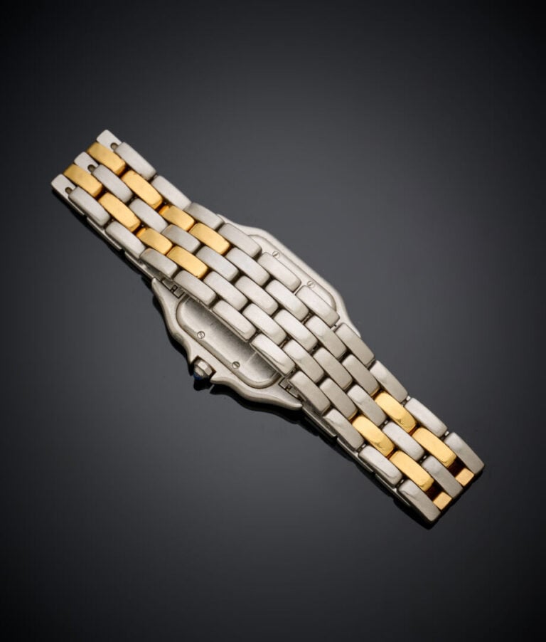 CARTIER - BRACELET MONTRE carrée, modèle "Panthère" en or jaune (750‰) et acier…