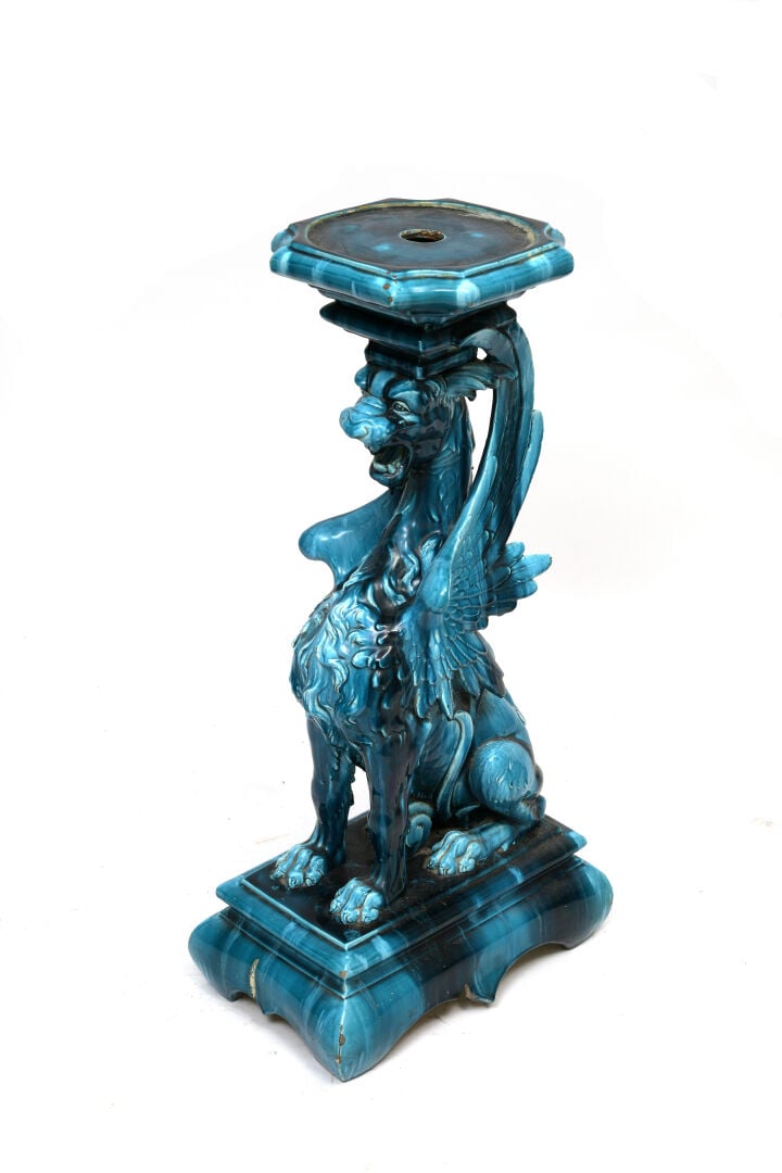 CLÉMENT MASSIER (1845-1917), ATTRIBUÉ À, - Sellette en céramique émaillée bleu…