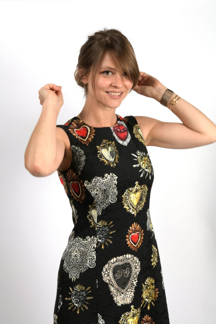 DOLCE GABBANA - Robe sans manche en tissu damassé noir (viscose, coton) à décor…