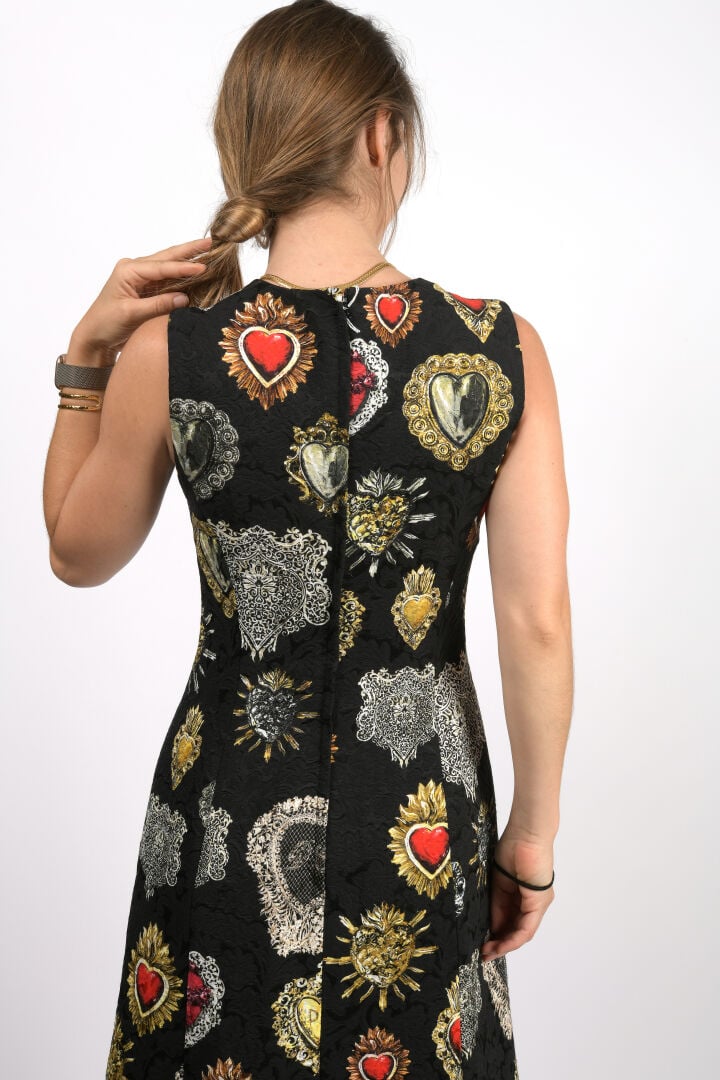 DOLCE GABBANA - Robe sans manche en tissu damassé noir (viscose, coton) à décor…