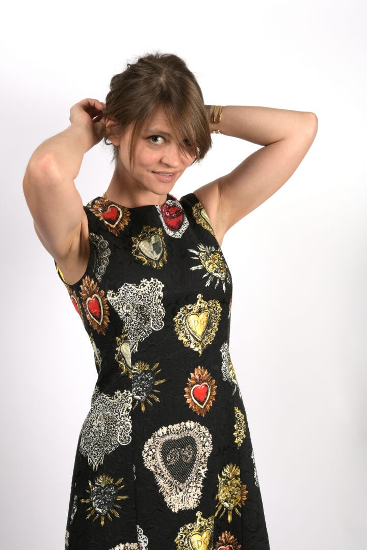 DOLCE GABBANA - Robe sans manche en tissu damassé noir (viscose, coton) à décor…