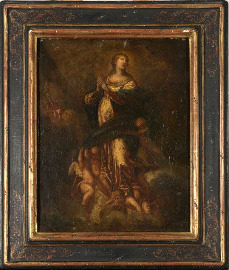 ÉCOLE ESPAGNOLE XVIE-XVIIE - Vierge de l'Assomption - Huile sur toile - 40.5 x…