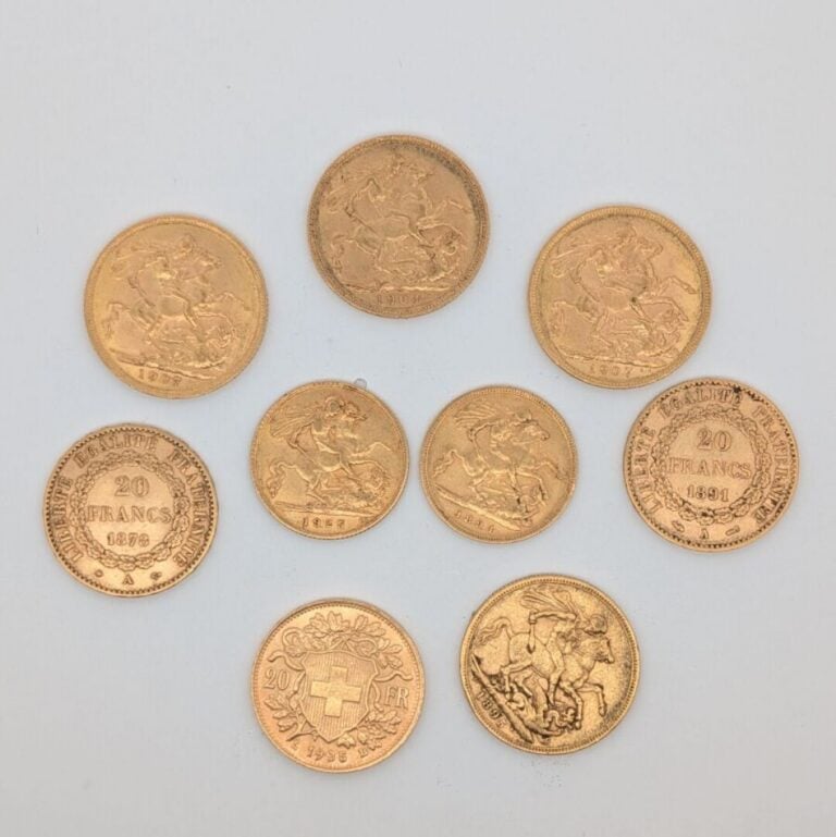 Ensemble de 9 pièces en or comprenant : - - 3 souverains or Edouard VII : 1x190…