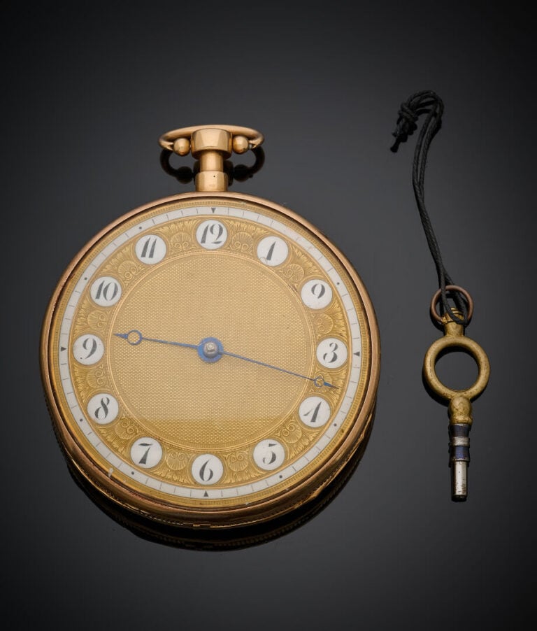 Importante MONTRE de POCHE SONNERIE au quart en or jaune (750‰) uni. Carrure go…