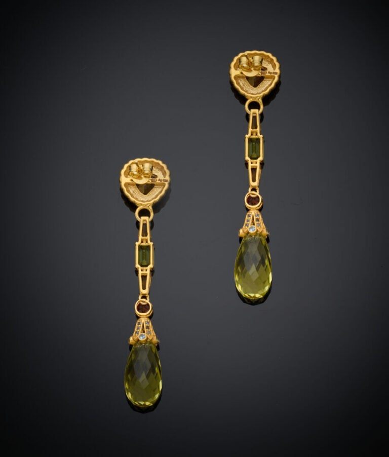 Longue paire de PENDANTS d'OREILLES en vermeil (925‰) serti de citrine s, diama…