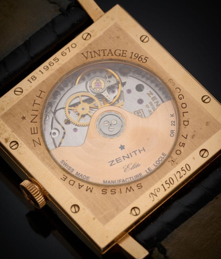 ZENITH - BRACELET MONTRE carrée "New Vintage 1965" en or jaune (750‰). Cadran s…
