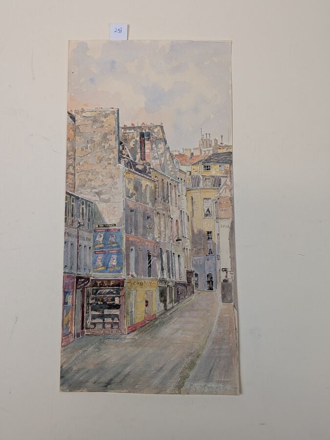 4 aquarelles originales parisiennes signées R. Mignol (?) 1956 à 1961. Rue Sain…