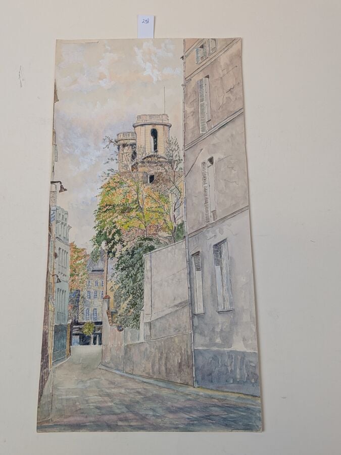 4 aquarelles originales parisiennes signées R. Mignol (?) 1956 à 1961. Rue Sain…