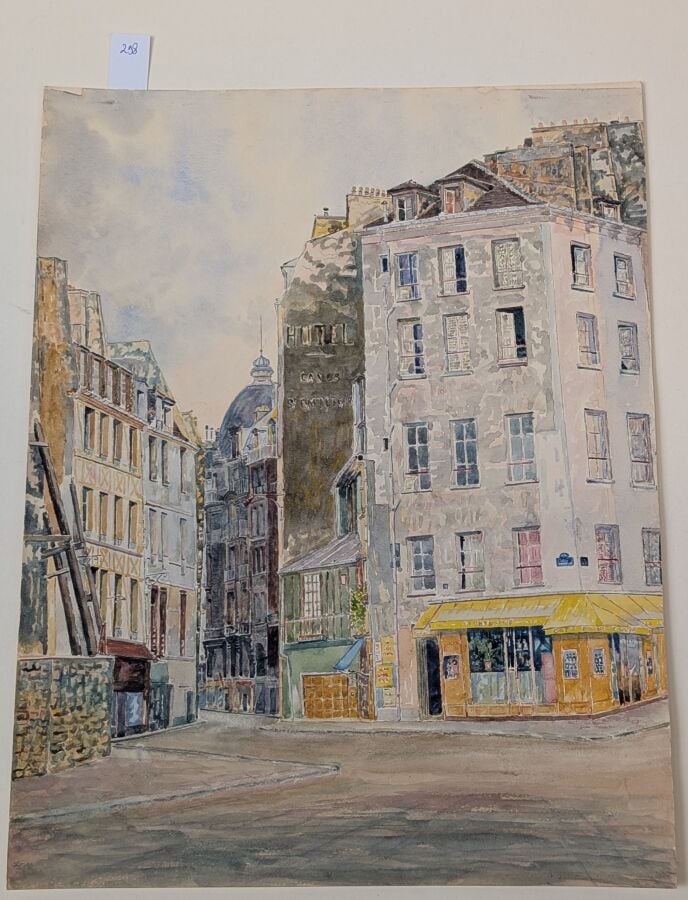 4 aquarelles originales parisiennes signées R. Mignol (?) 1956 à 1961. Rue Sain…