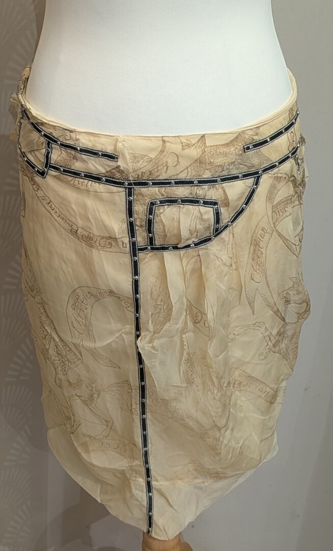 CHRISTIAN DIOR - Jupe en soie doublée jaune paille à motifs équestres et garnit…