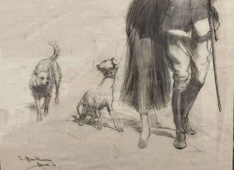 Ecole début XXe - La promenade des chiens - Fusain et mine de crayon sur papier…