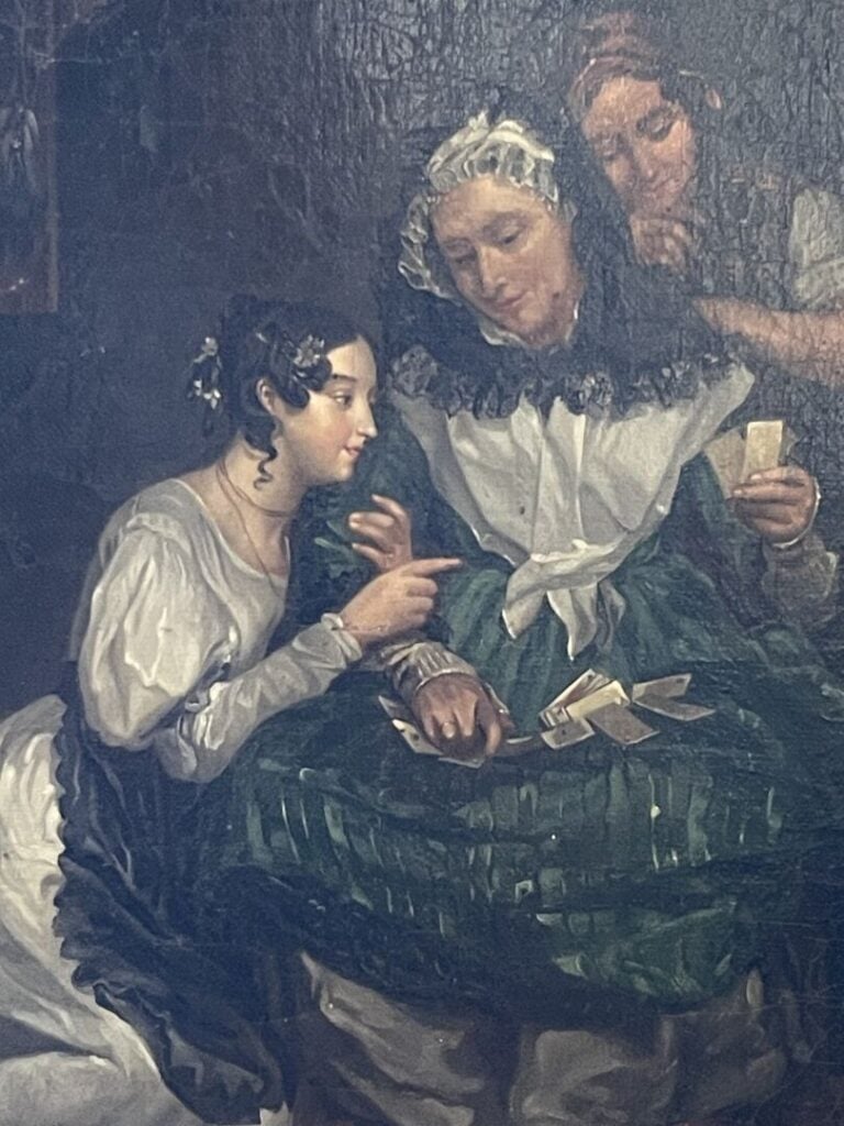 Ecole française du XIXe siècle - Mère tirant les cartes à ses filles - Huile su…
