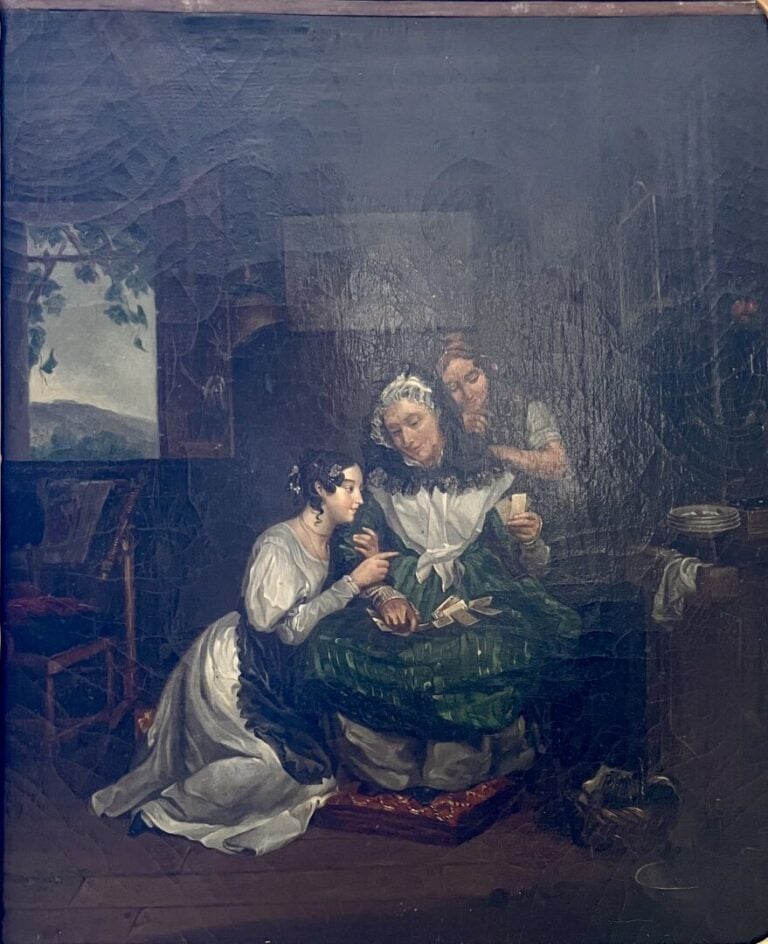Ecole française du XIXe siècle - Mère tirant les cartes à ses filles - Huile su…