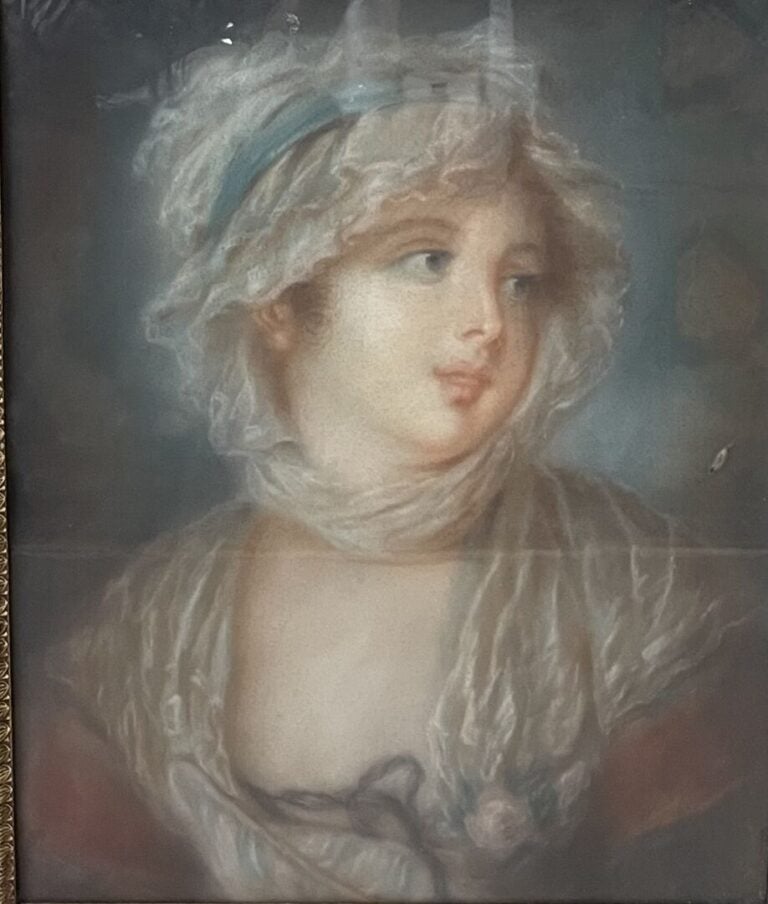 Ecole française du XIXe siècle - Portrait de jeune femme à la rose - Pastel dan…