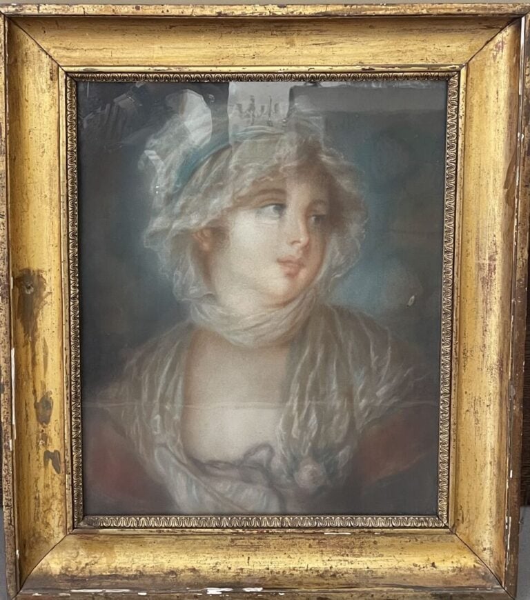 Ecole française du XIXe siècle - Portrait de jeune femme à la rose - Pastel dan…
