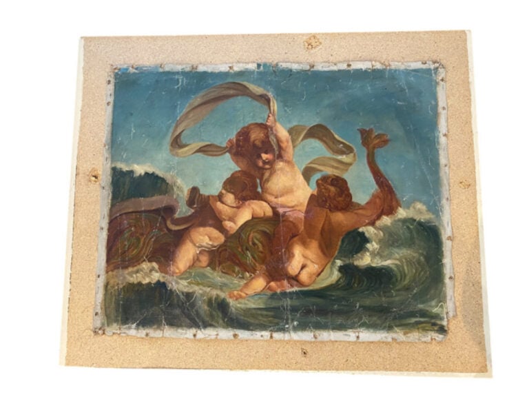 Ecole française - Putti sur les flots - Huile sur toile (agrafée sur contreplaq…