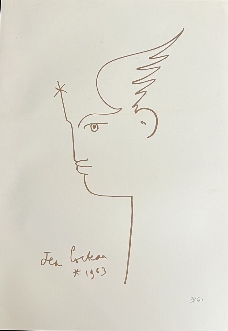 Jean COCTEAU (1889-1963) - Portrait de profil ailé - Lithographie signée et dat…