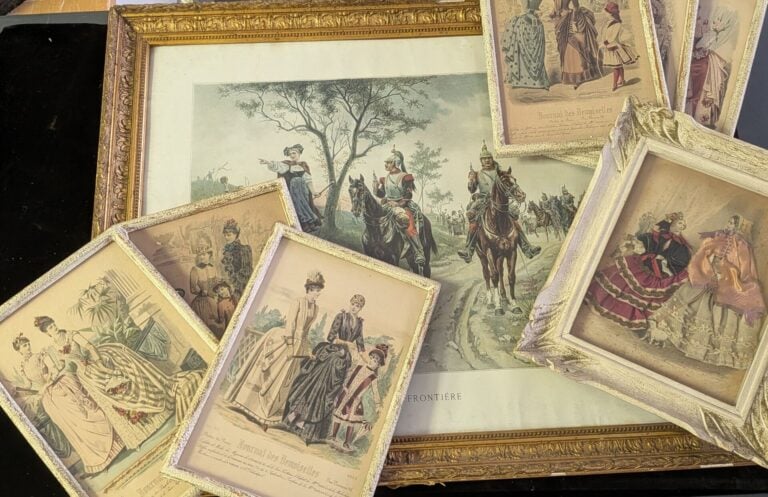 Lot de gravures diverses dont Paul-Léon Jazet, Rotig, motifs floraux, broderies…