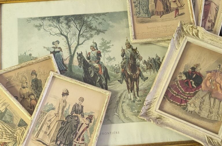 Lot de gravures diverses dont Paul-Léon Jazet, Rotig, motifs floraux, broderies…